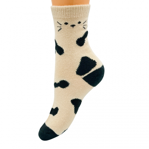 Skarpetki długie ciepłe angora wełna beżowe w kotki i ciapki 35-38