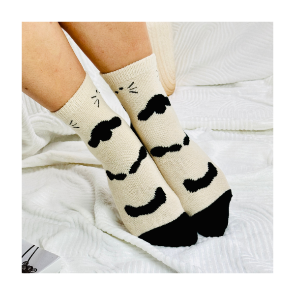 Skarpetki długie ciepłe angora wełna beżowe w kotki i ciapki 35-38