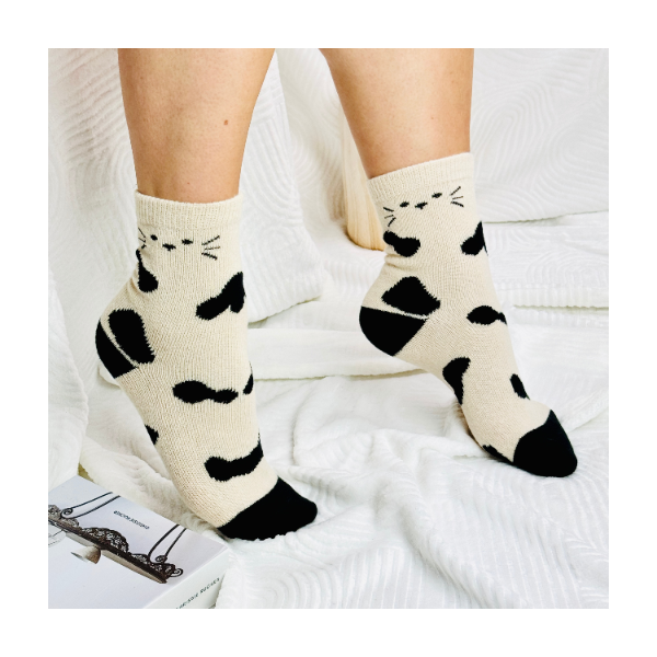 Skarpetki długie ciepłe angora wełna beżowe w kotki i ciapki 35-38