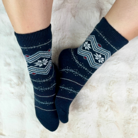 Skarpetki damskie alpaka ciepłe grube granatowe w norweskie gwiazdki 35-38