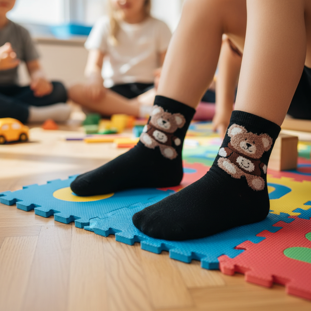 Skarpetki dziecięce bawełniane czarne w jasnego misia 28-30